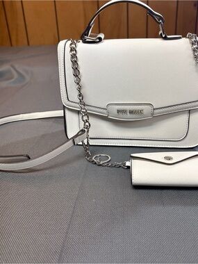 Steve Madden Luccas White faux leather Top-Handle Crossbody bag with card case.